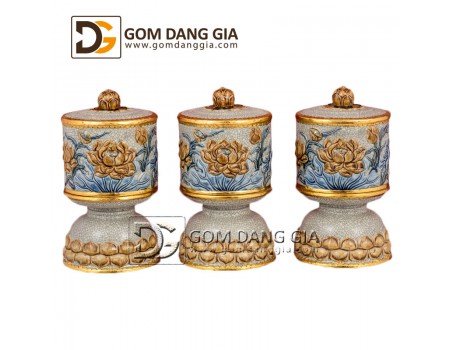 Bộ đài nước men rạn cổ bọc đồng đắp nổi sen Bộ đài nước men rạn cổ bọc đồng đắp nổi sen